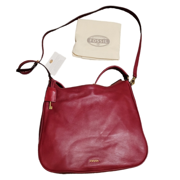 Fossil Handbags - Nwt Fossil Crossbody Leather Purse Red with Gold Accents Zippers w/ Dust Cover